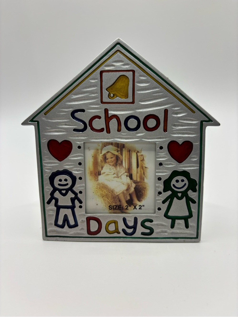 School Days Metal School House Hallmark Keepsake 2”x2” Photo opening Easel Back